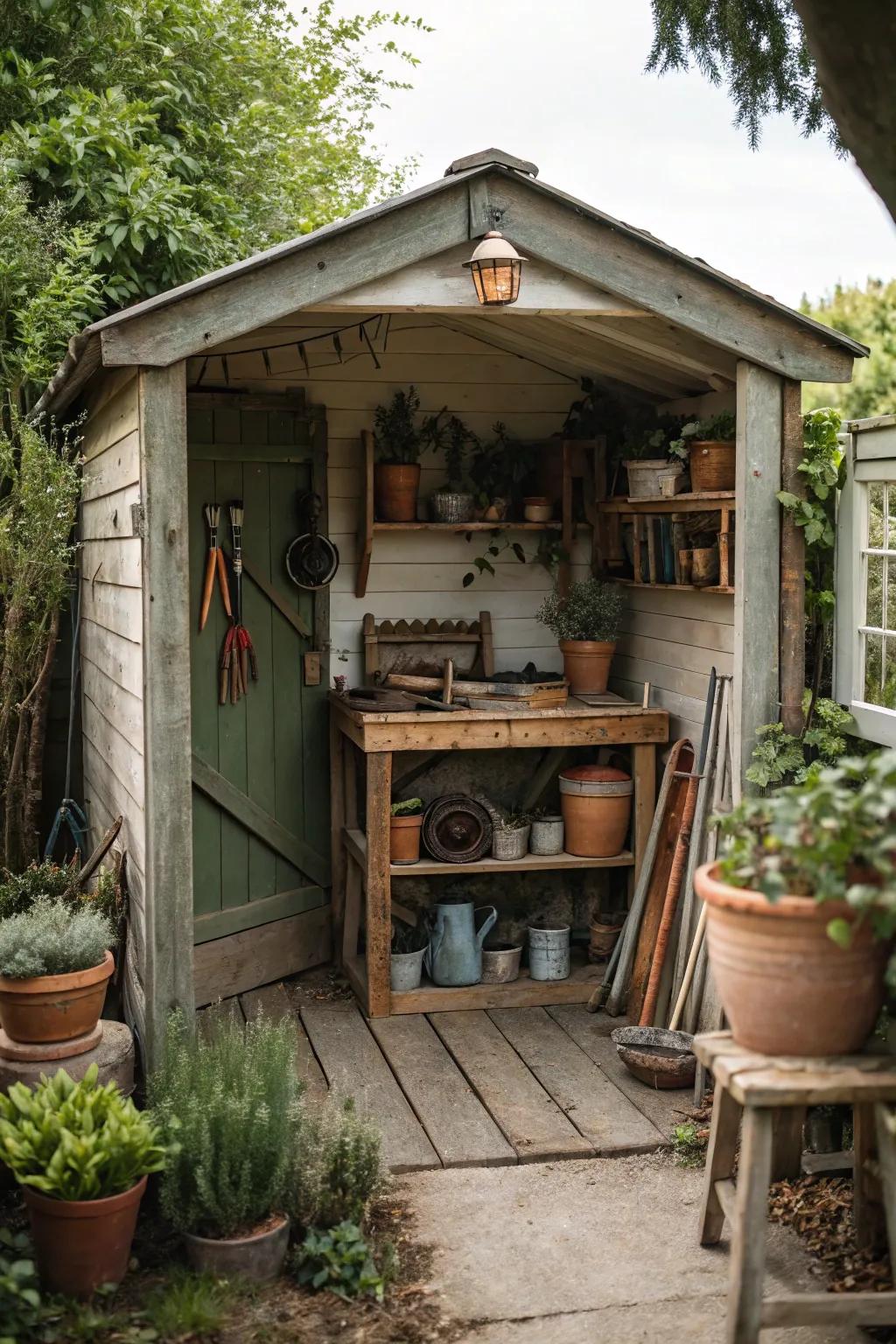Turn your she shed into a gardener's dream with rustic decor and vibrant greenery.