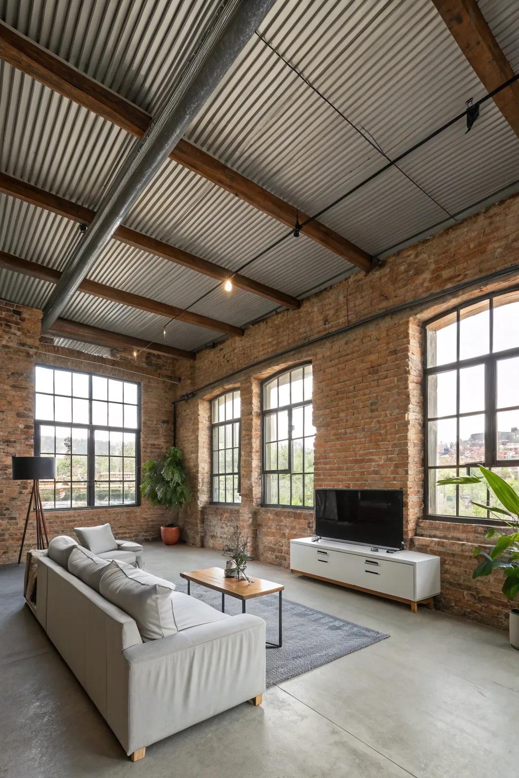 An urban-inspired loft boasting a remarkable profiled metallic shed ceiling.