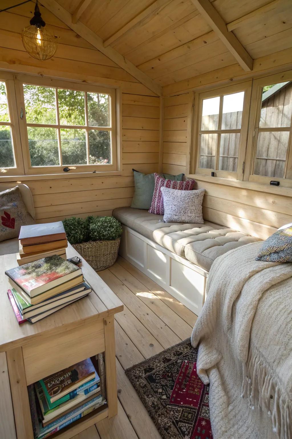 A comfortable literary corner inside an outdoor shed.