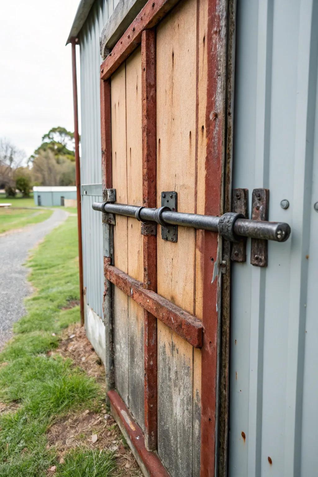 A heavy metal security bar effectively secures a shed door.