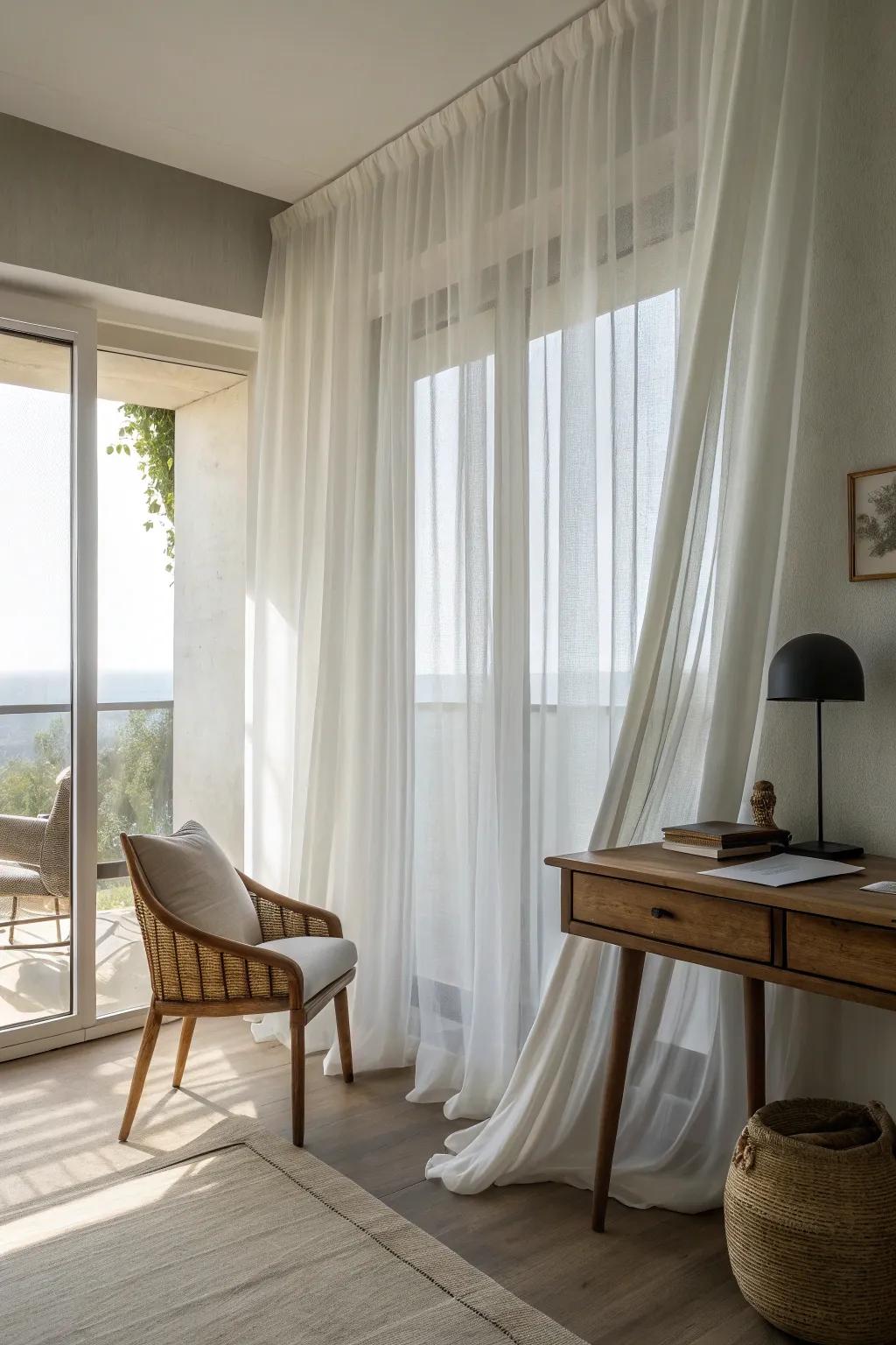 Neutral sheer curtains seamlessly integrate with minimalist decor, creating an understated elegance.