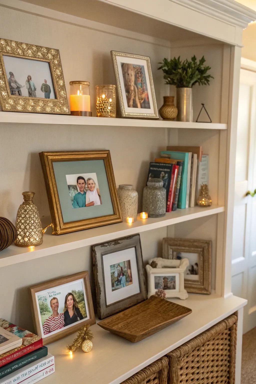 Framed family photos adding a personal touch to your shelf display.