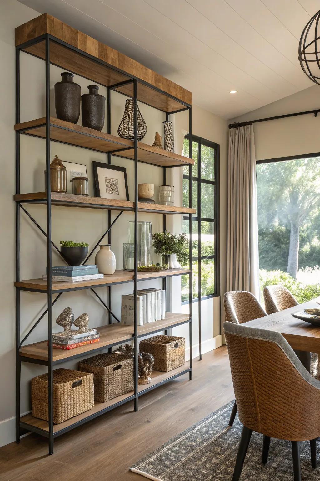 A standout combination of timber and metal shelving in a modern dining area.