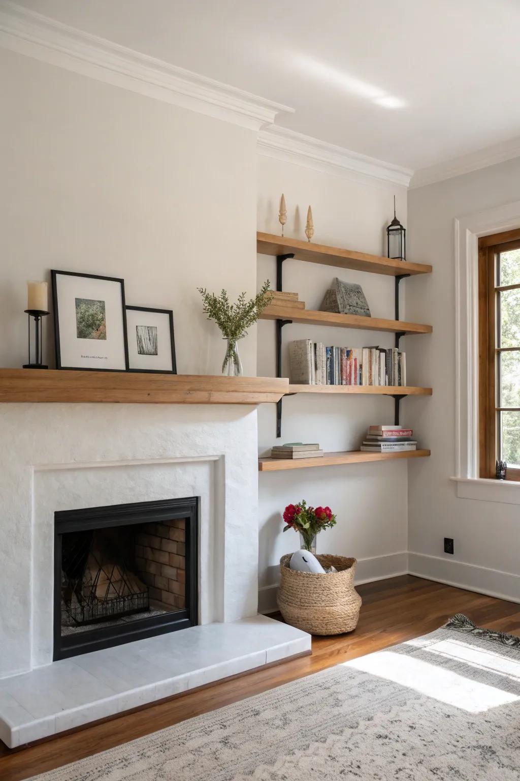 A modern minimalist aesthetic with floating shelves.