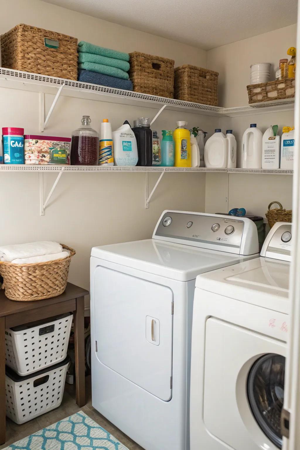 Strategically positioned shelves above washer and dryer units for convenient storage of laundry necessities.