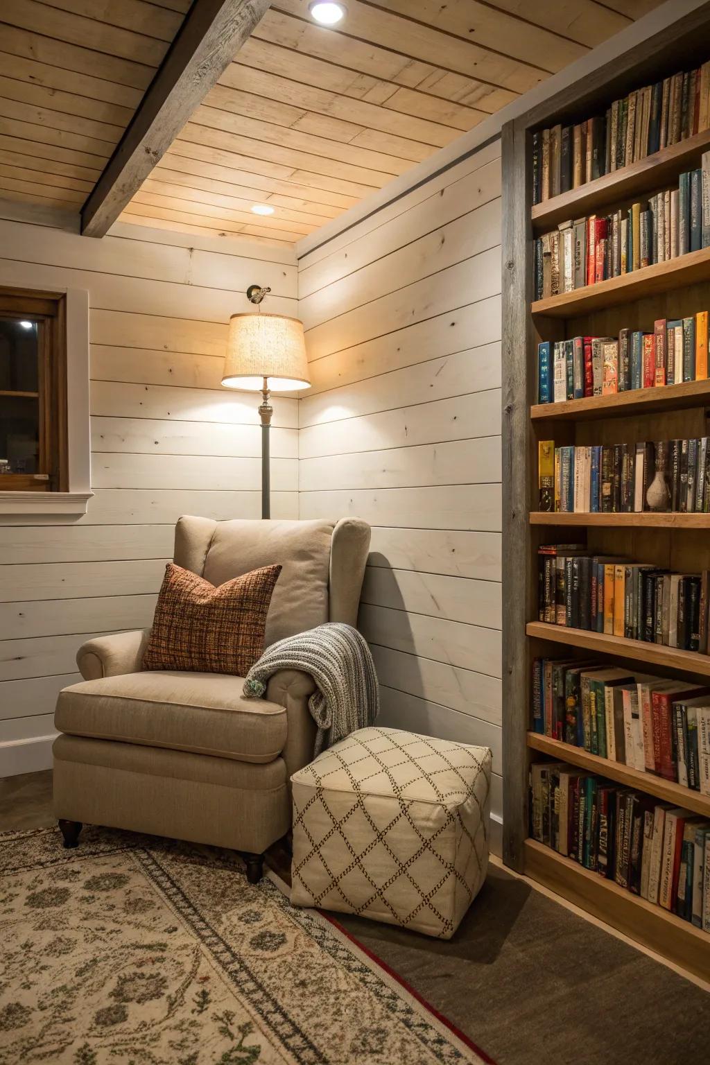 A shiplap reading nook in the basement, complete with a deluxe chair.