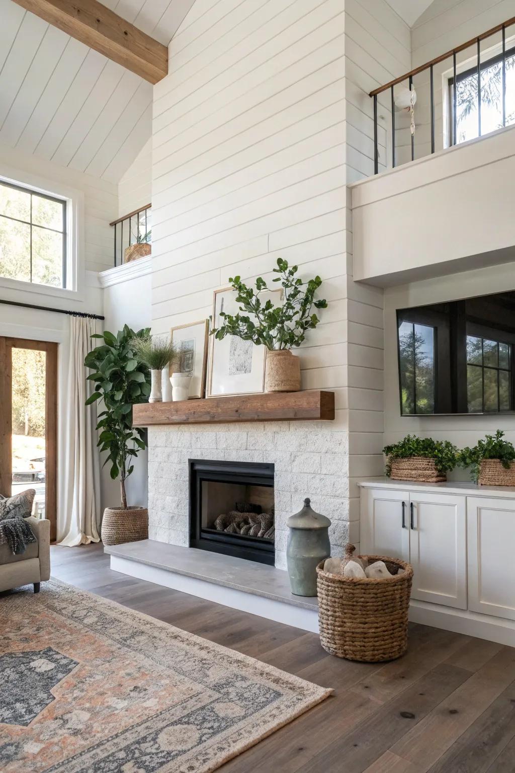 Vertical shiplap fireplace creating a striking and spacious impression.