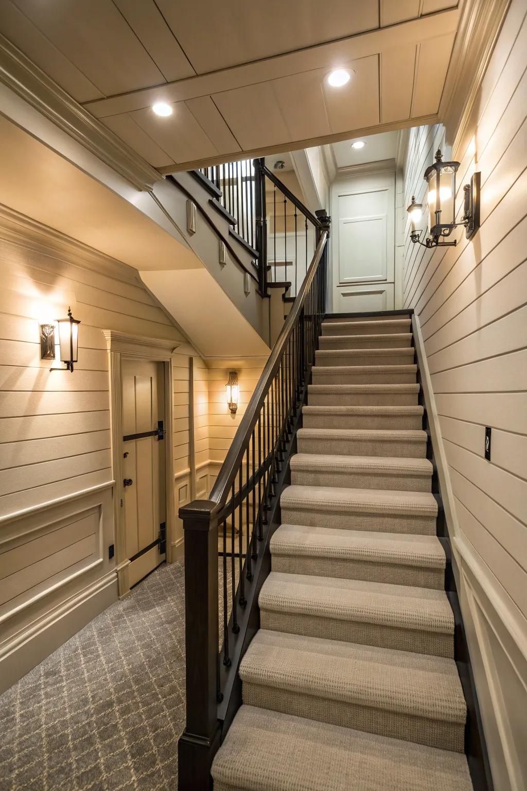 Seamless basement transition with shiplap.