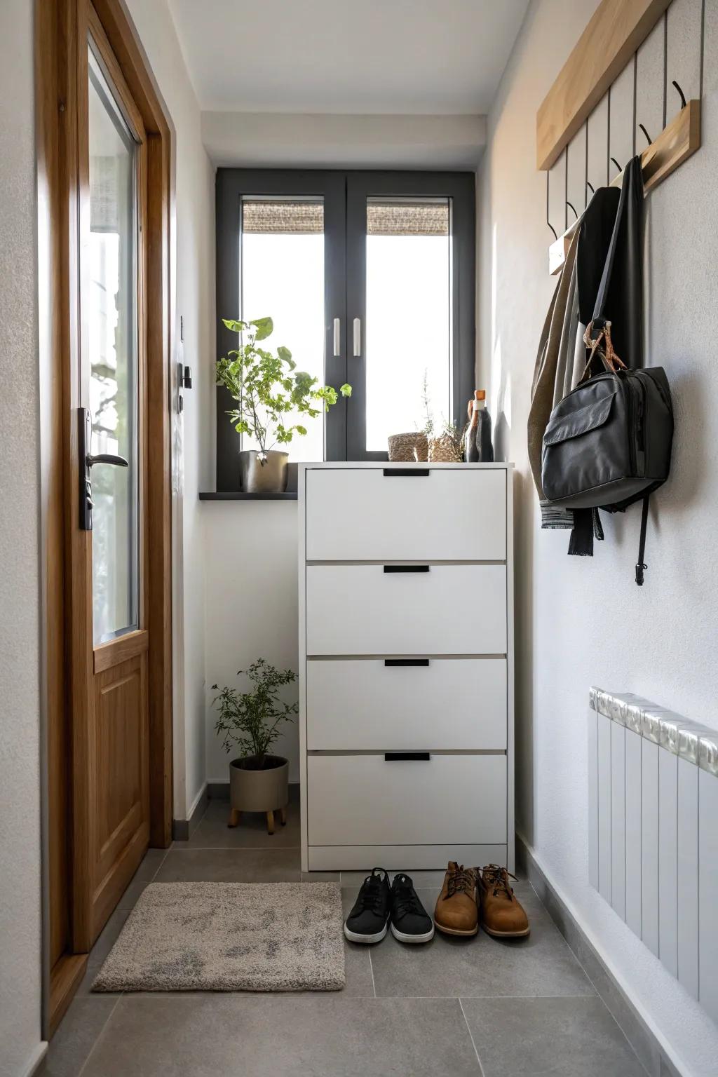 A slim shoe cabinet optimizes storage in a small area.