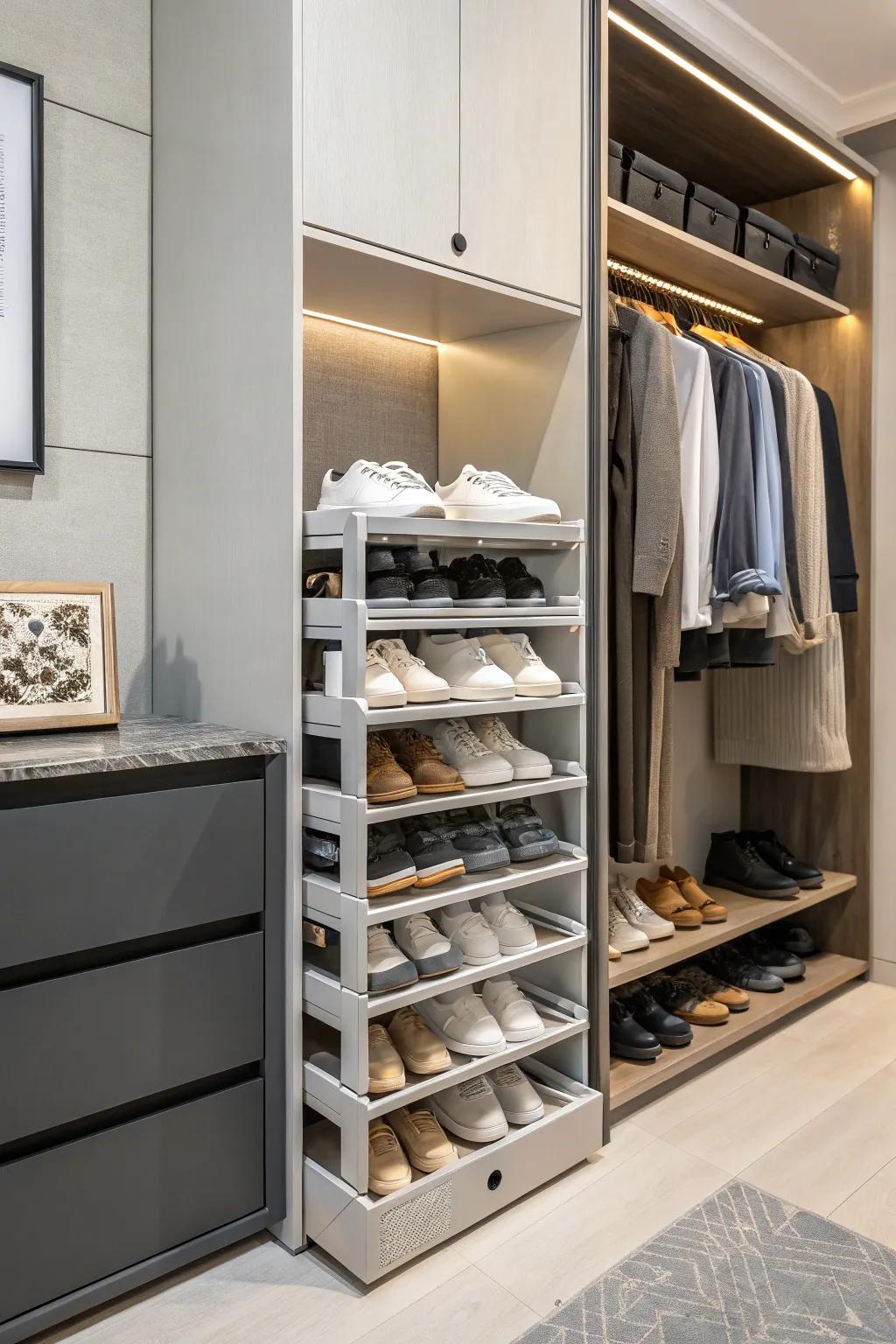 Adjustable stackable racks provide flexibility for any shoe collection.
