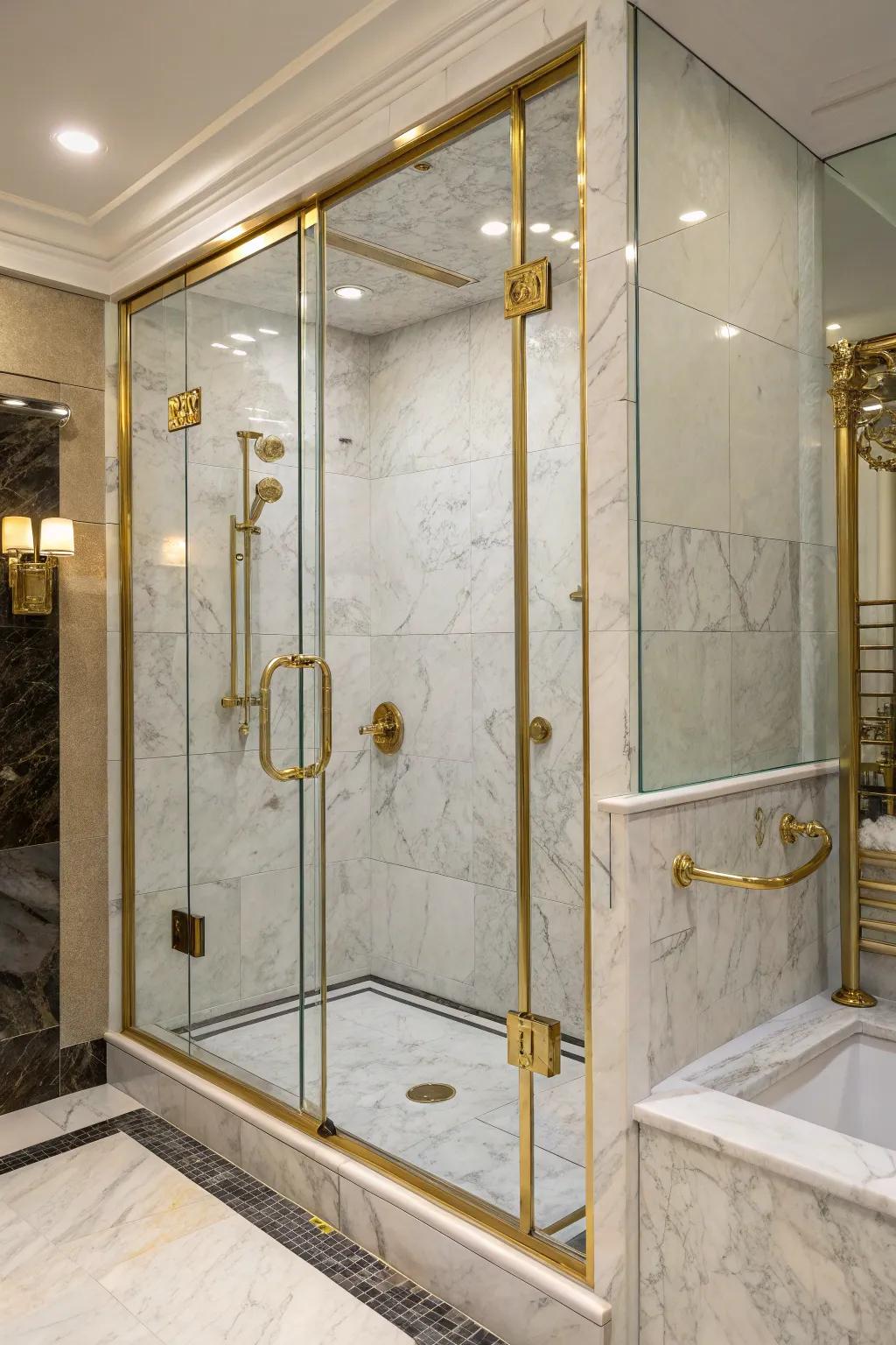 A shower adorned with upscale marble tiling and gold highlights.