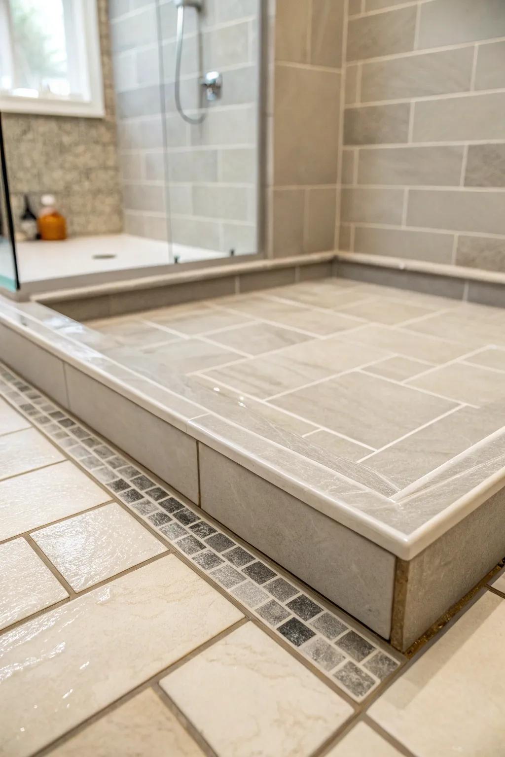 A shower pan designed with large neutral and gray tiles for a minimalist and serene atmosphere.