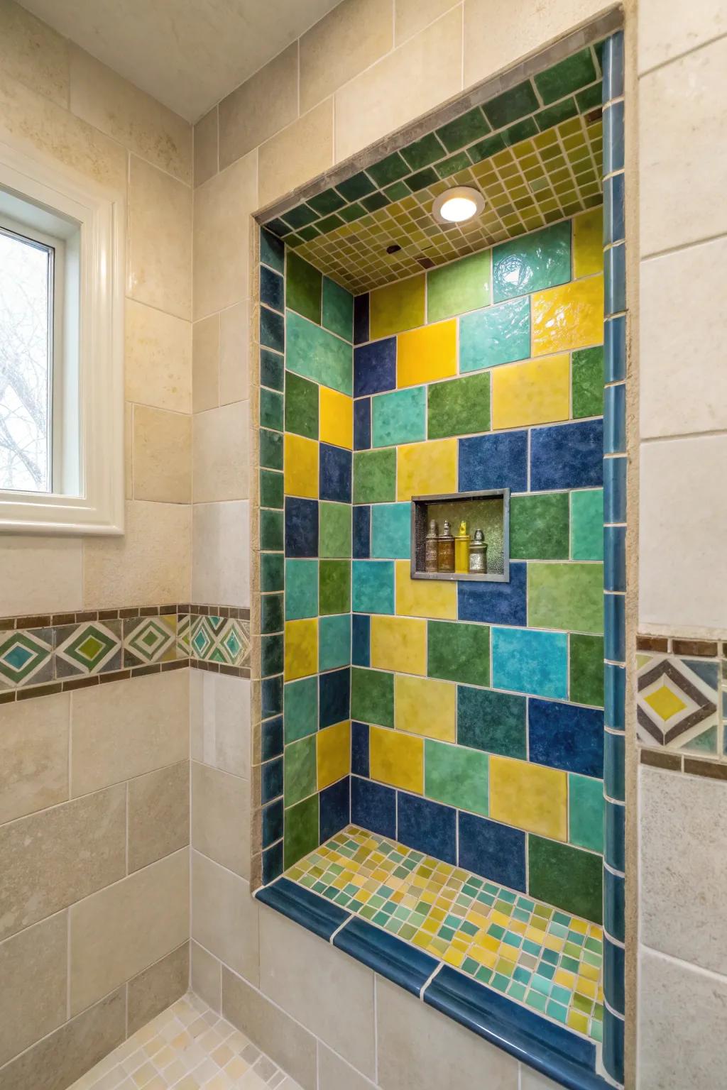 Accent tiles within recesses add a sophisticated and functional design element.