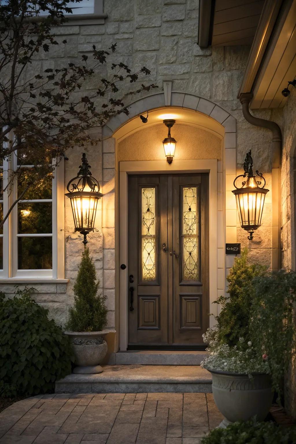 Sconces create a warm welcome at this elegant entryway.