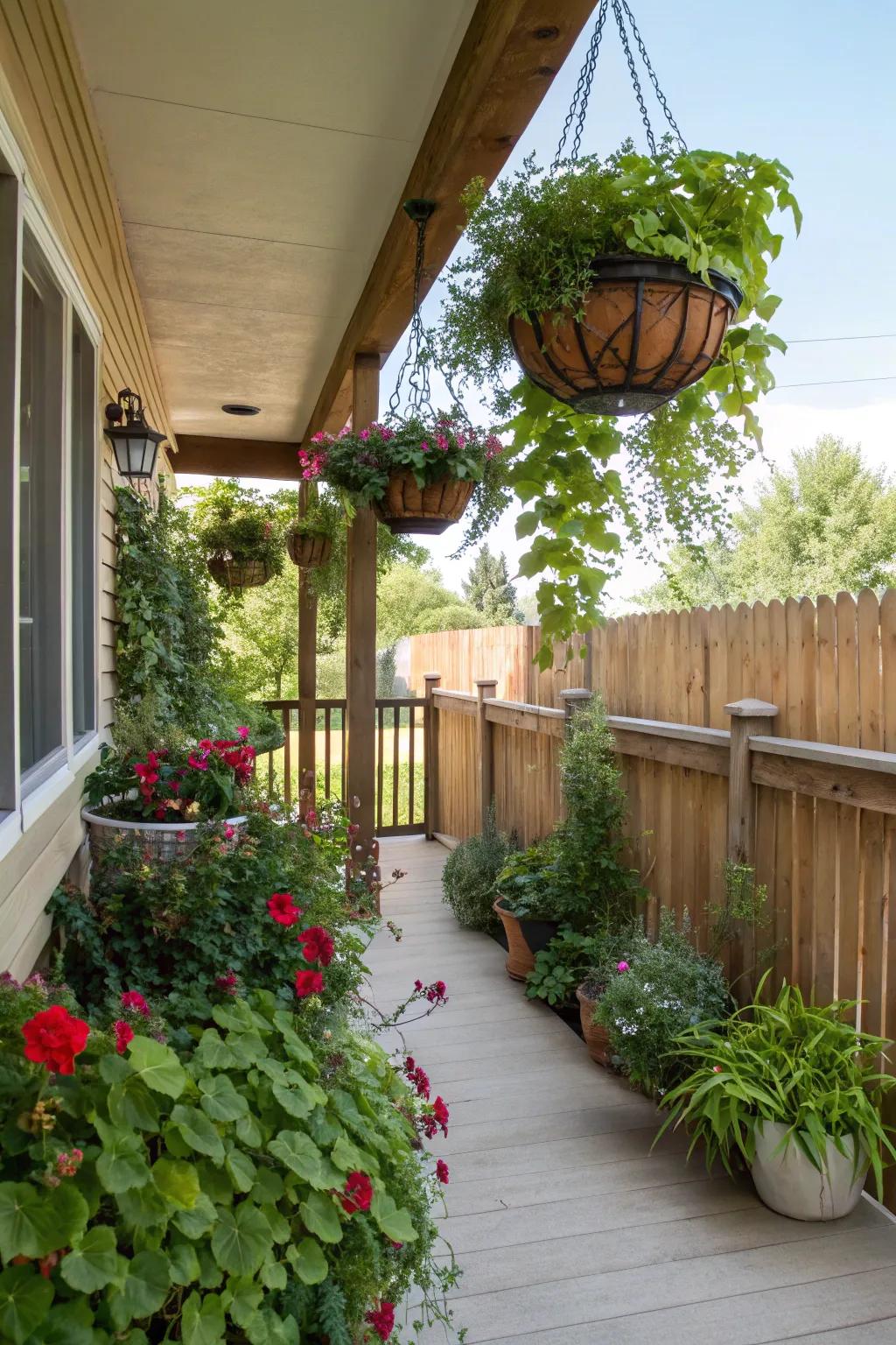 A vibrant side porch adorned with lush plants and verdant foliage.