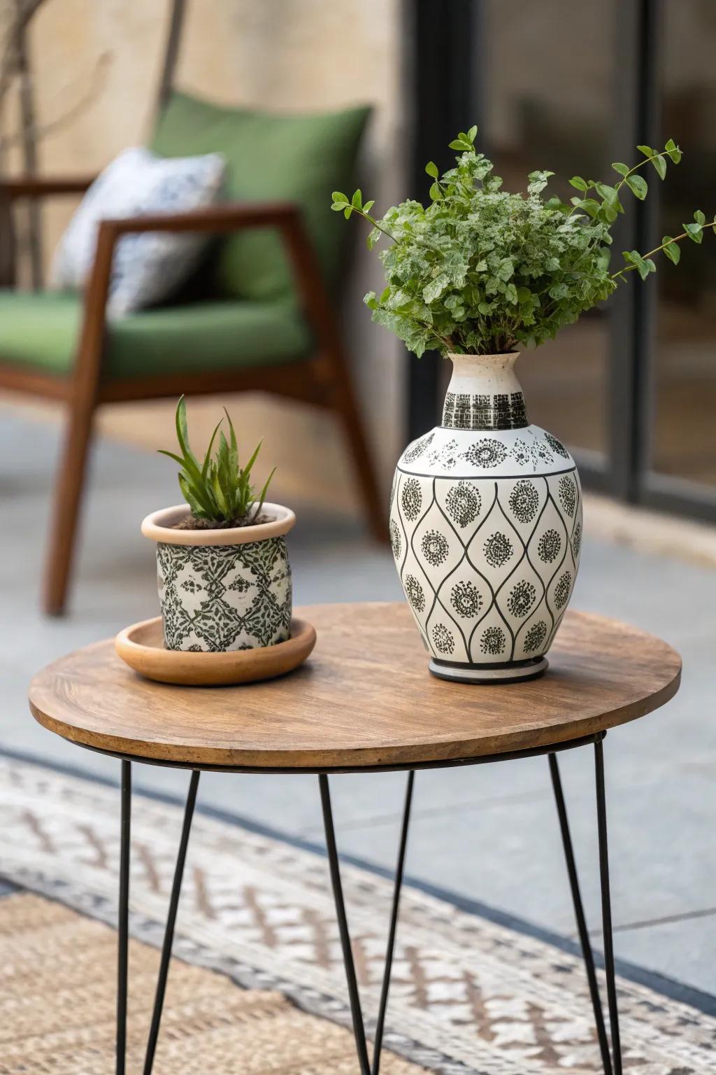 A fresh and lively side table with greenery and decorative accents.