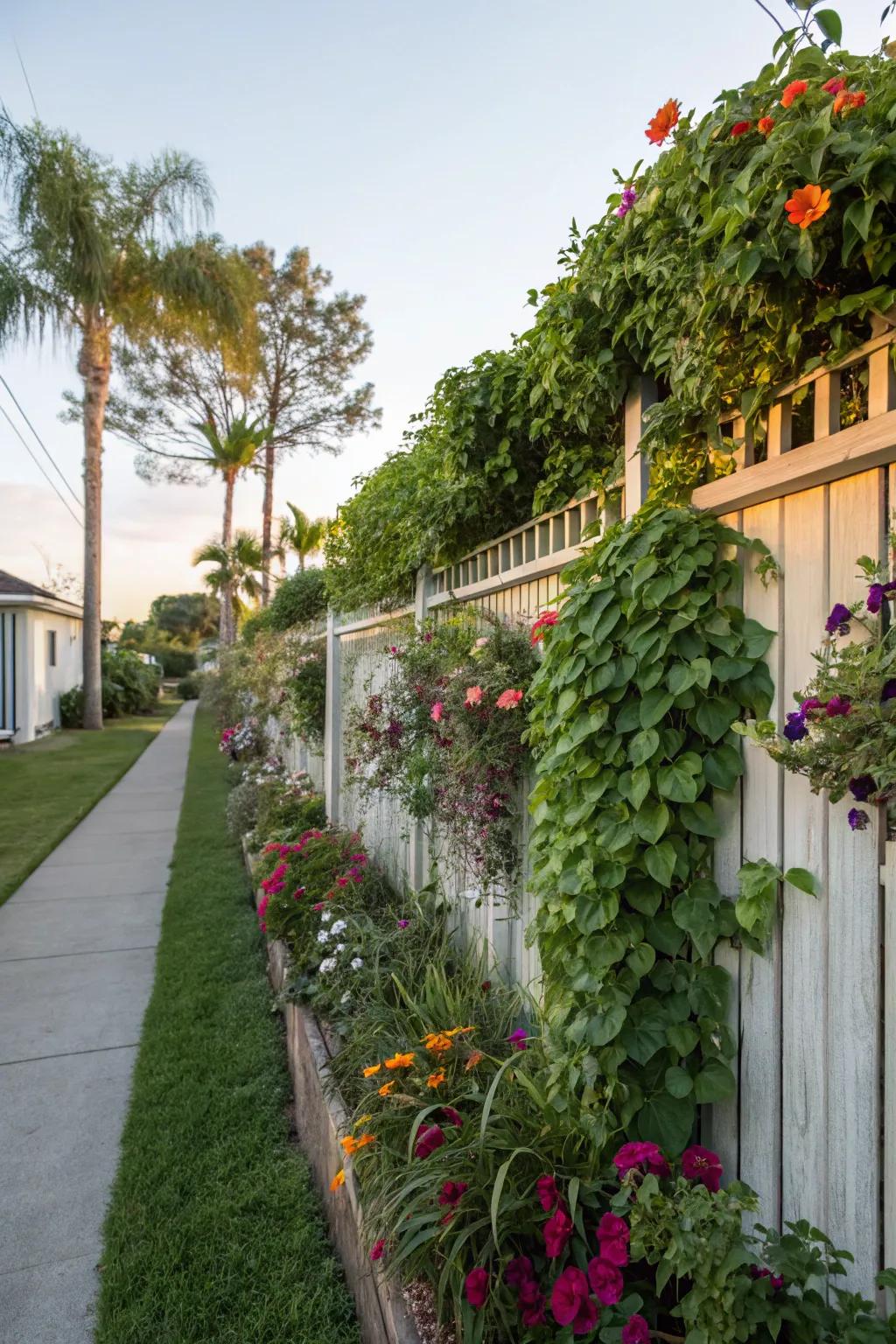 Lively side yard with a vertical garden fence.