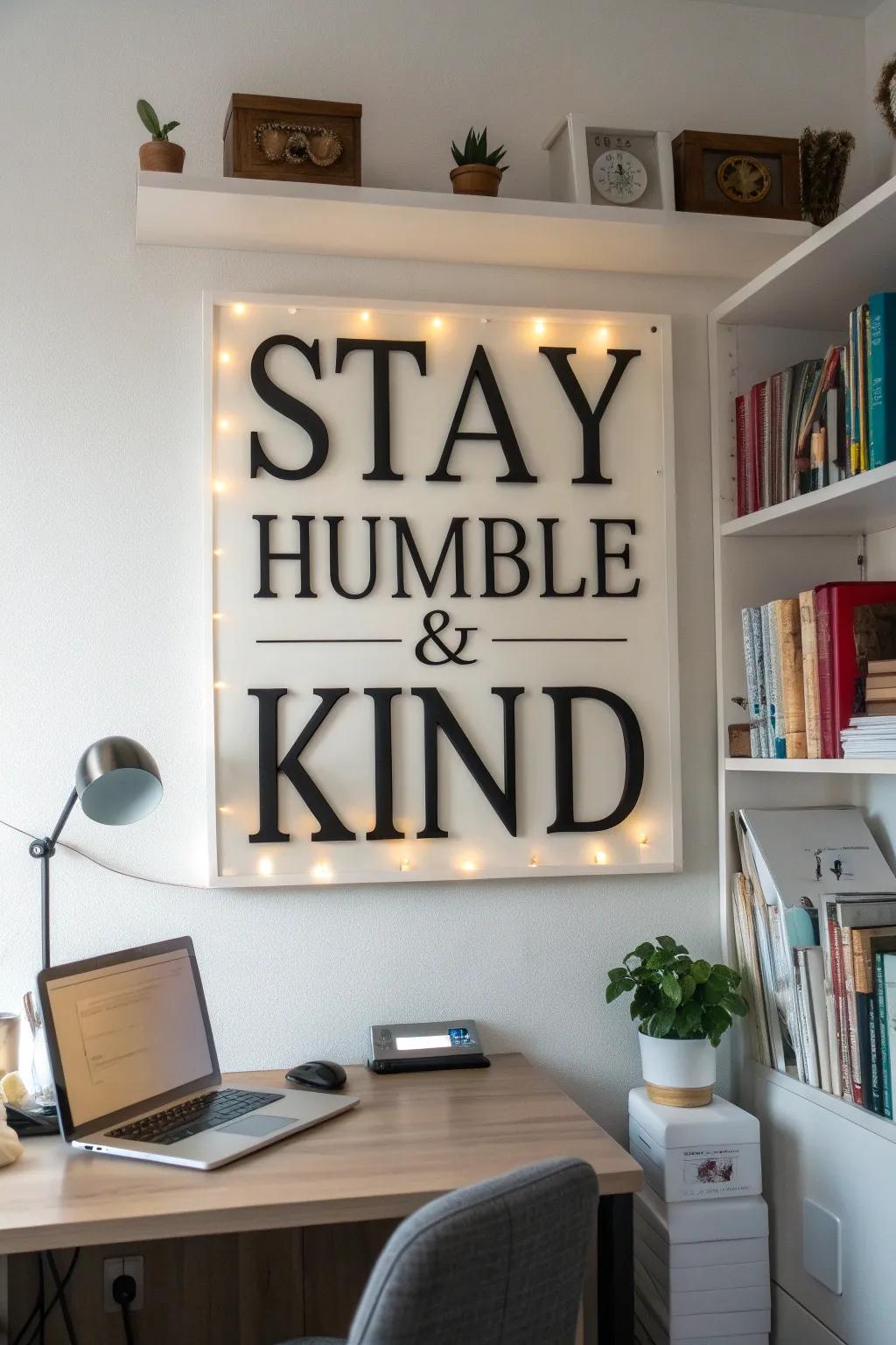A study wall featuring an uplifting proverb plaque that reads 'Remain modest & benevolent'.