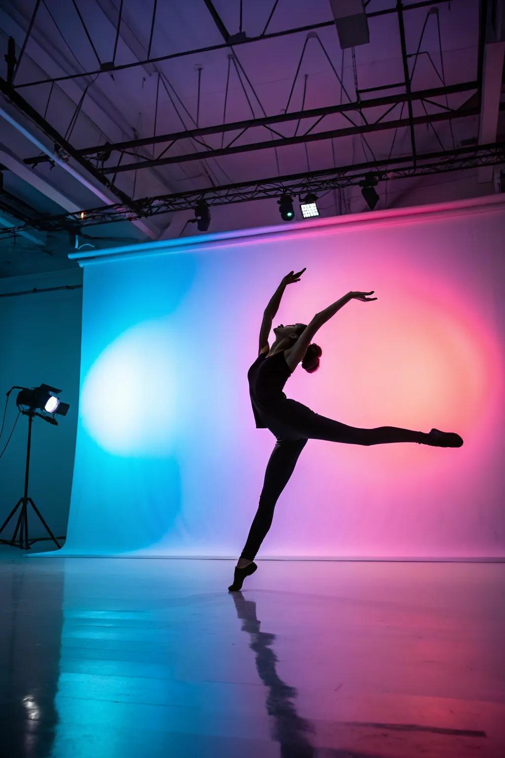 Dynamic dancer shadow art energizes an art studio.