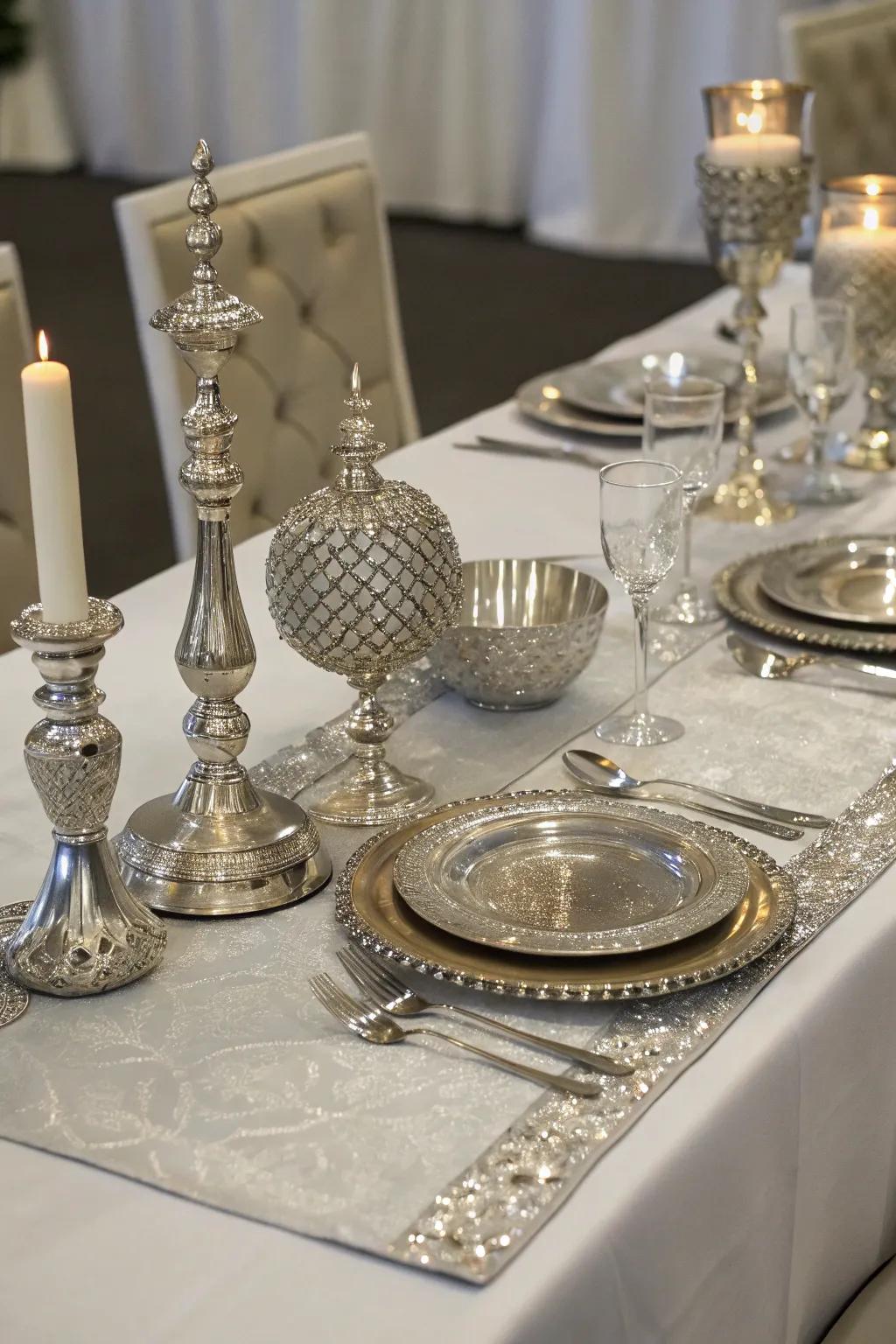 Forge a sophisticated eating experience with silver table settings.