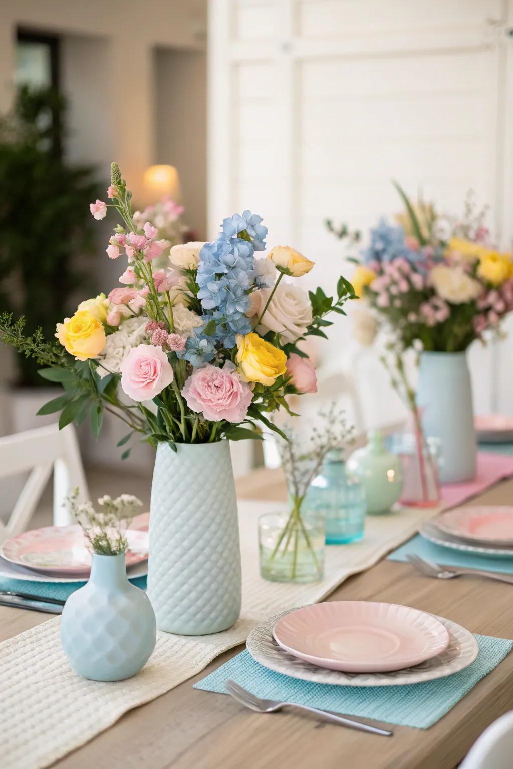 Pastel flower arrangements introduce elegance and natural beauty.