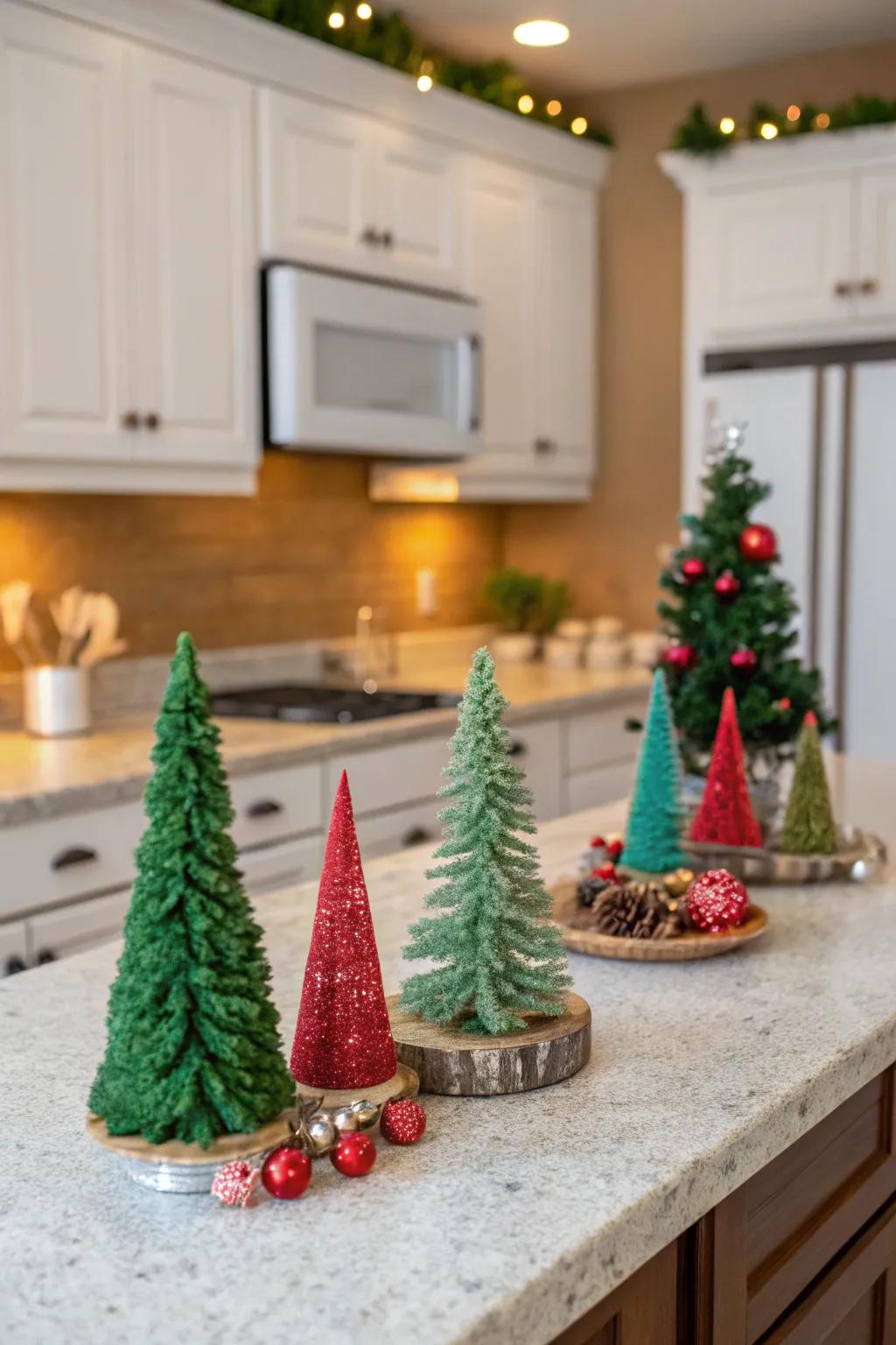 Tiny firs add playfulness to the kitchen aesthetics.