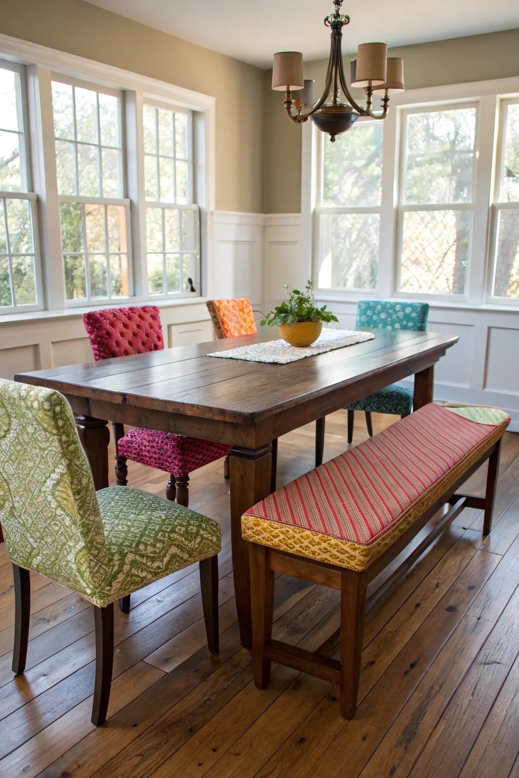 Mixed seating brings a playful vibe to the dining area.