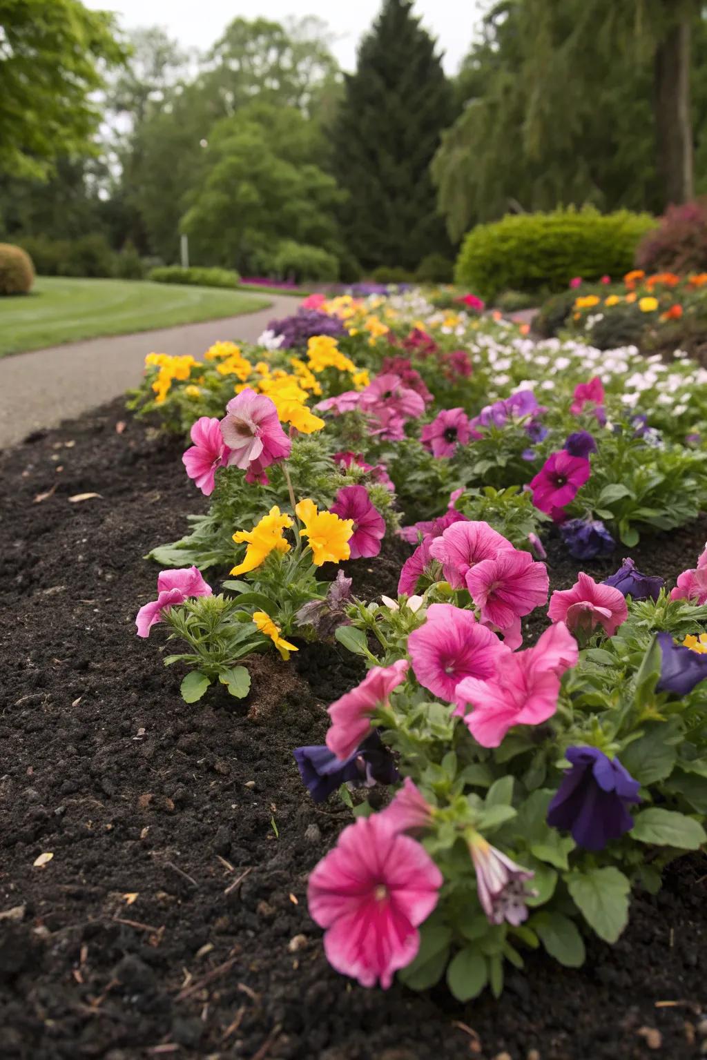 Dark mulch contrasts beautifully with vibrant blooms, enhancing the bed's visual appeal.