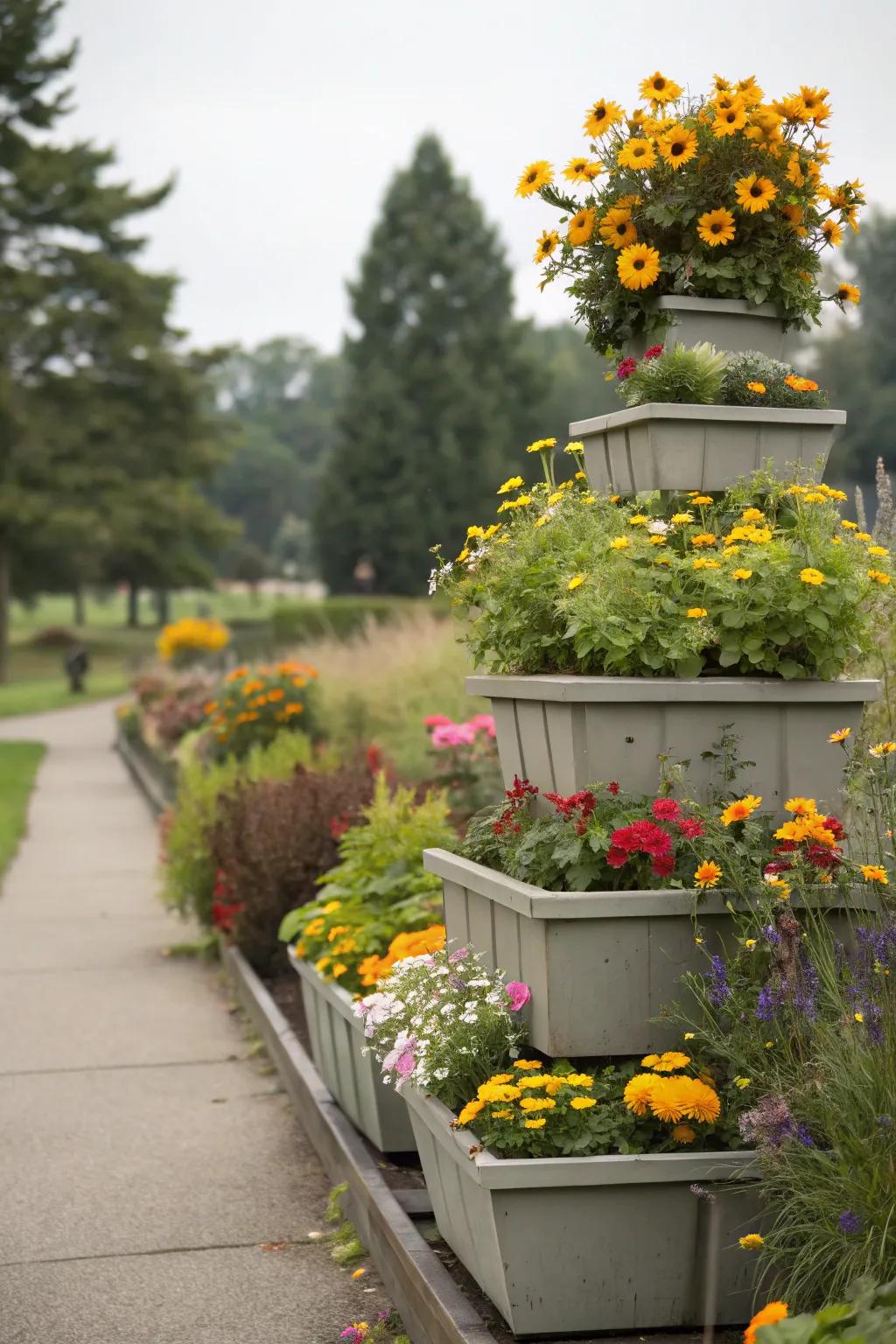 Elevated garden boxes enhancing a garden's design.