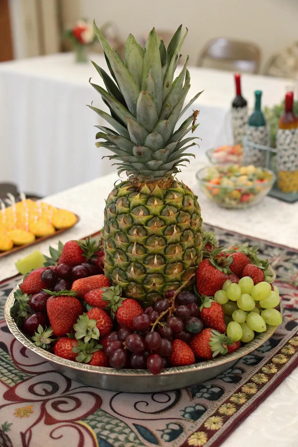 A pineapple as a focal point that enhances the overall arrangement.