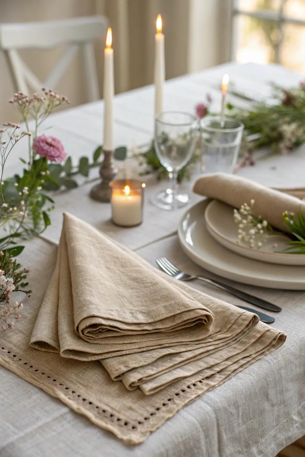 Rustic linen napkins add texture and warmth to the table.
