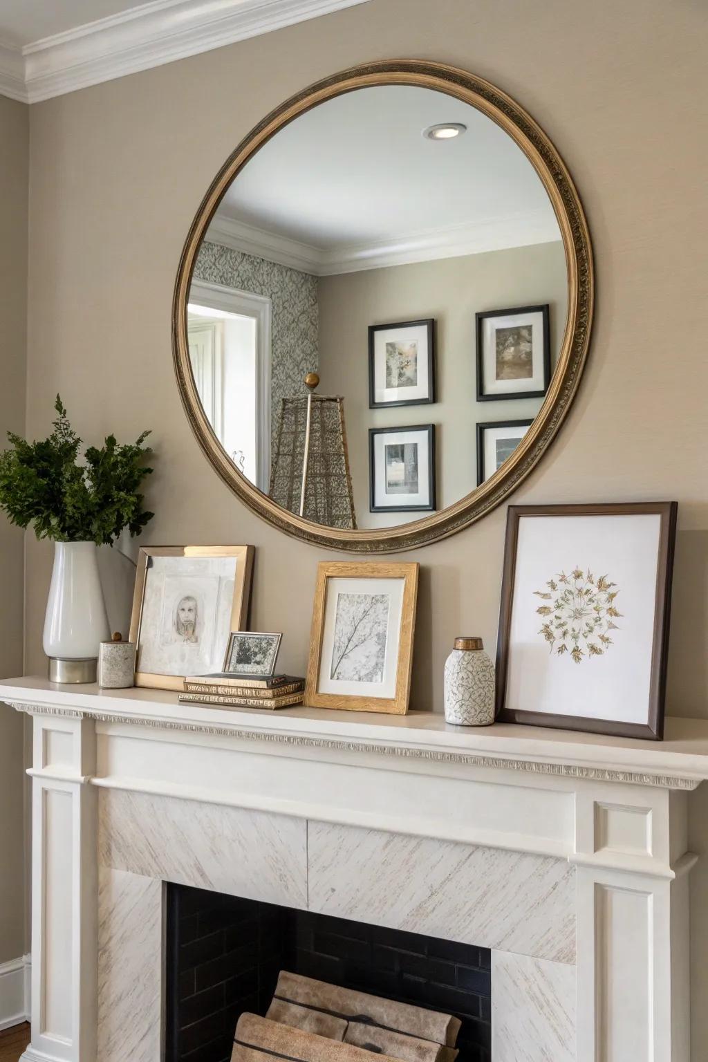 A large mirror gracefully enhances this everyday mantel design.