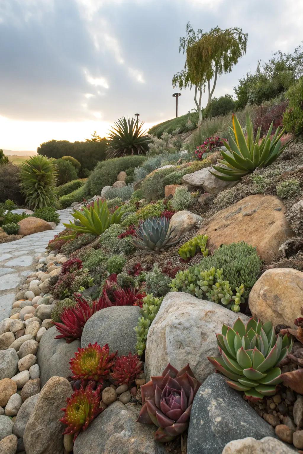 Succulents add a lively touch to rock landscapes.