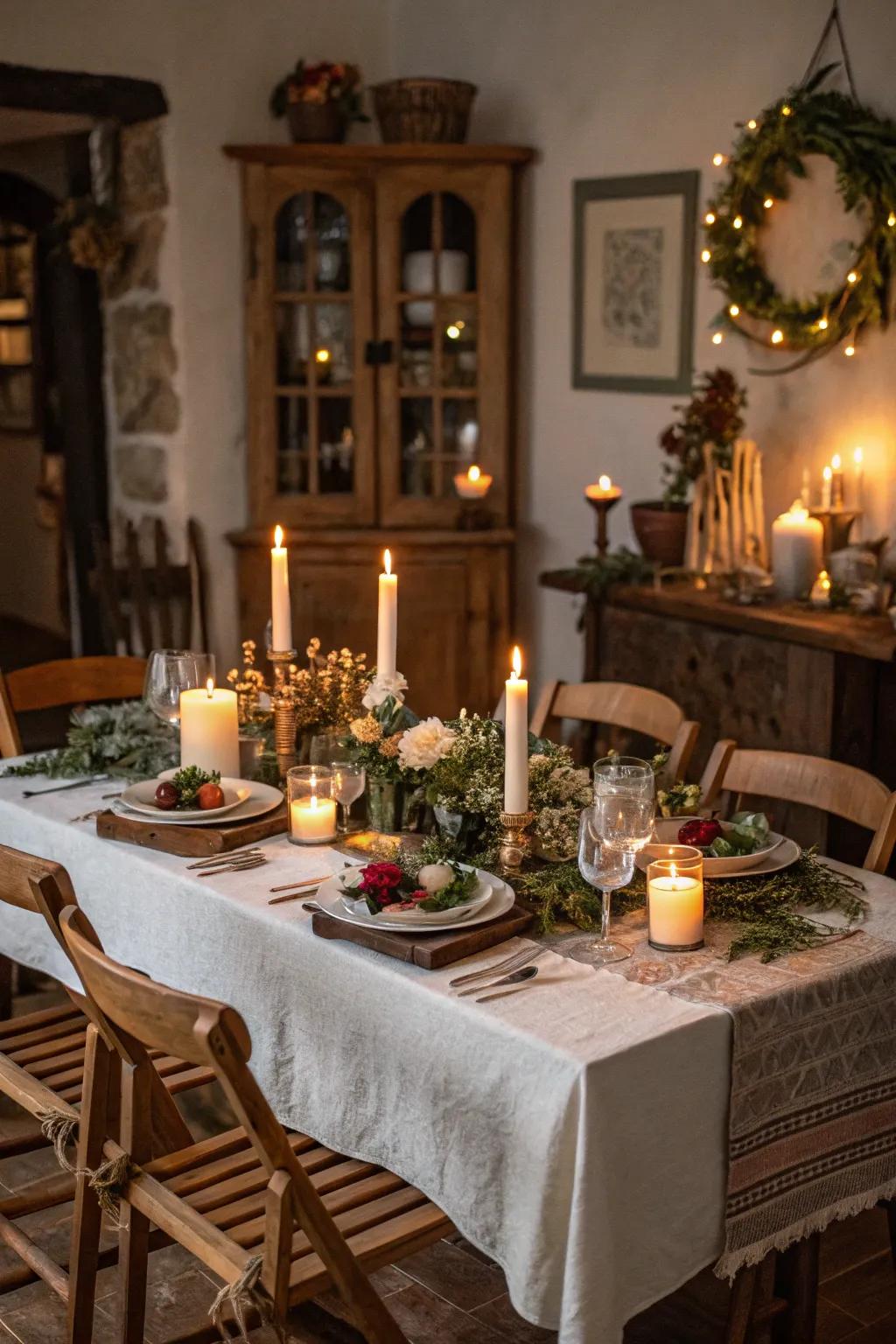 Candles crafting a snug ambiance on a rustic table.