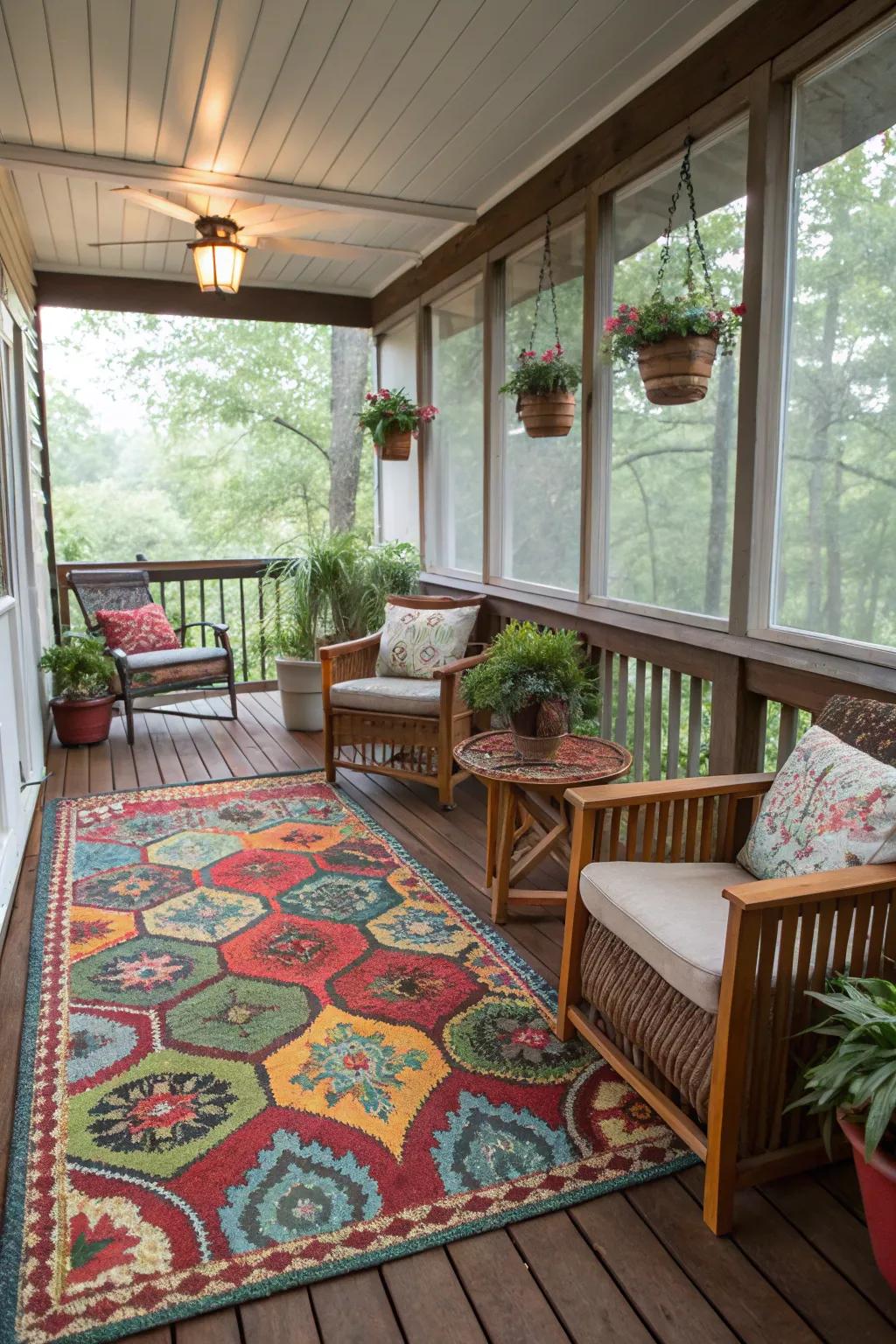 A vibrant rug adding warmth to the porch