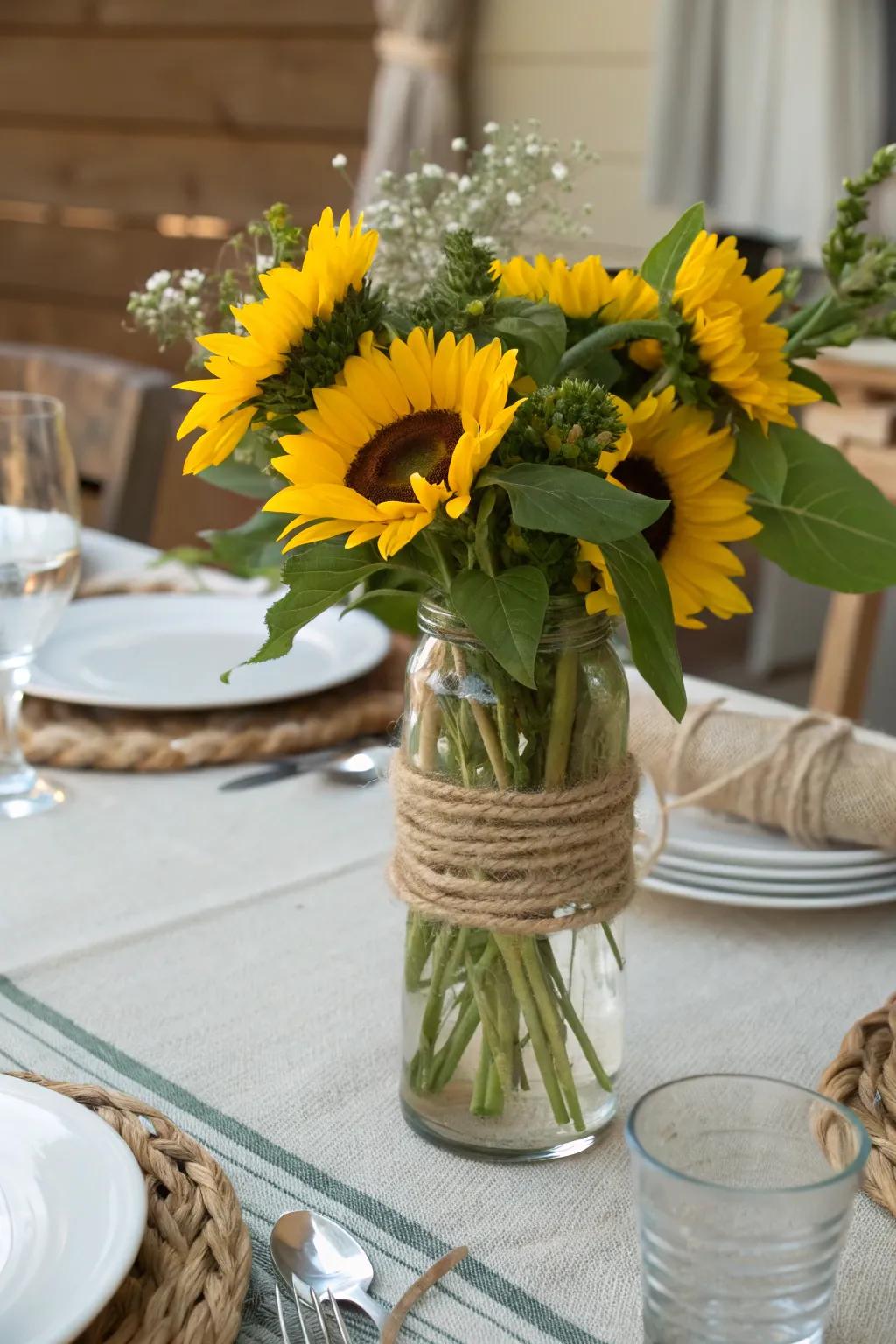 Rustic baling twine adds a charming element to a sunflower arrangement.