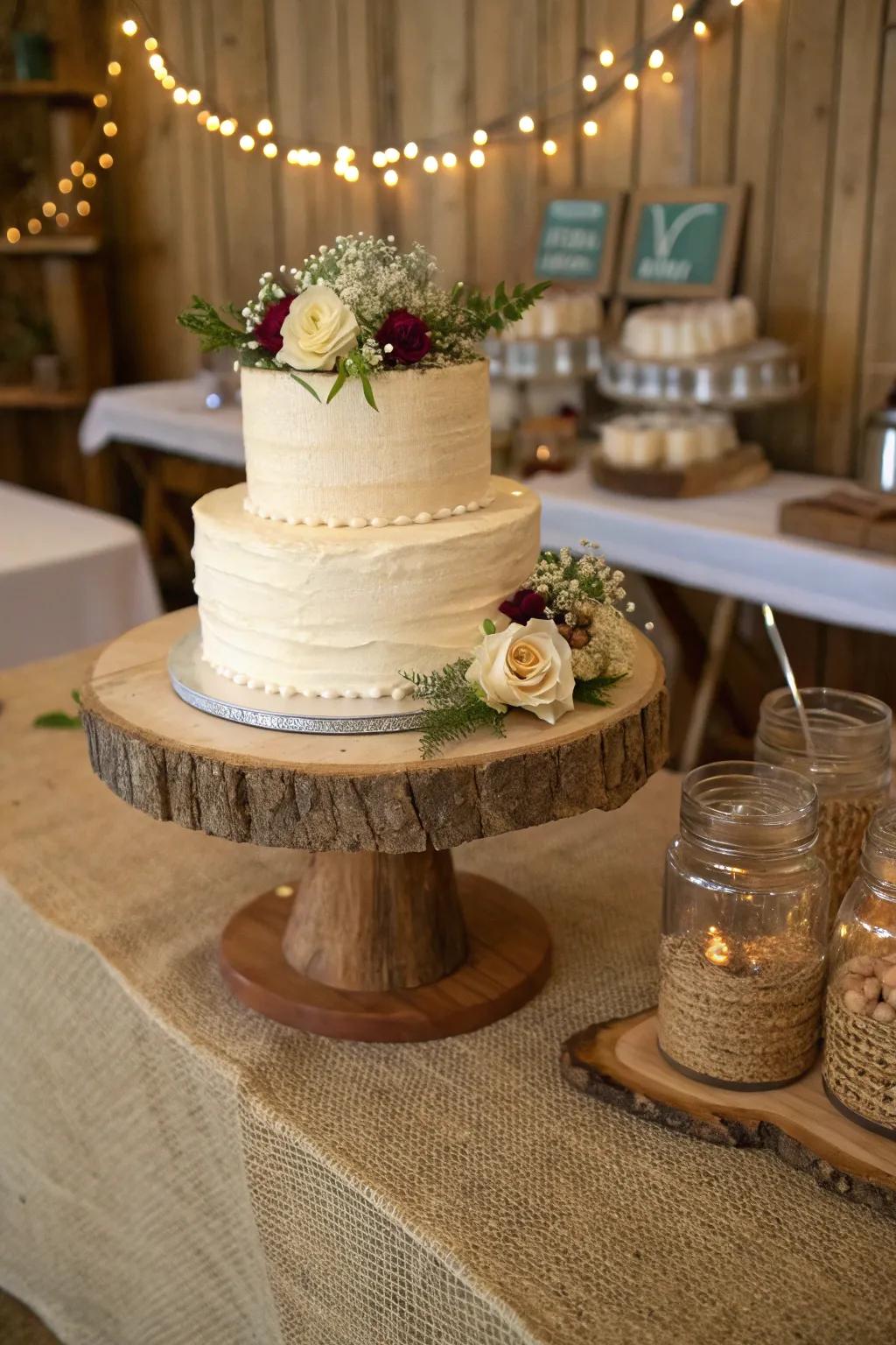 Rustic allure with a wooden cake display.