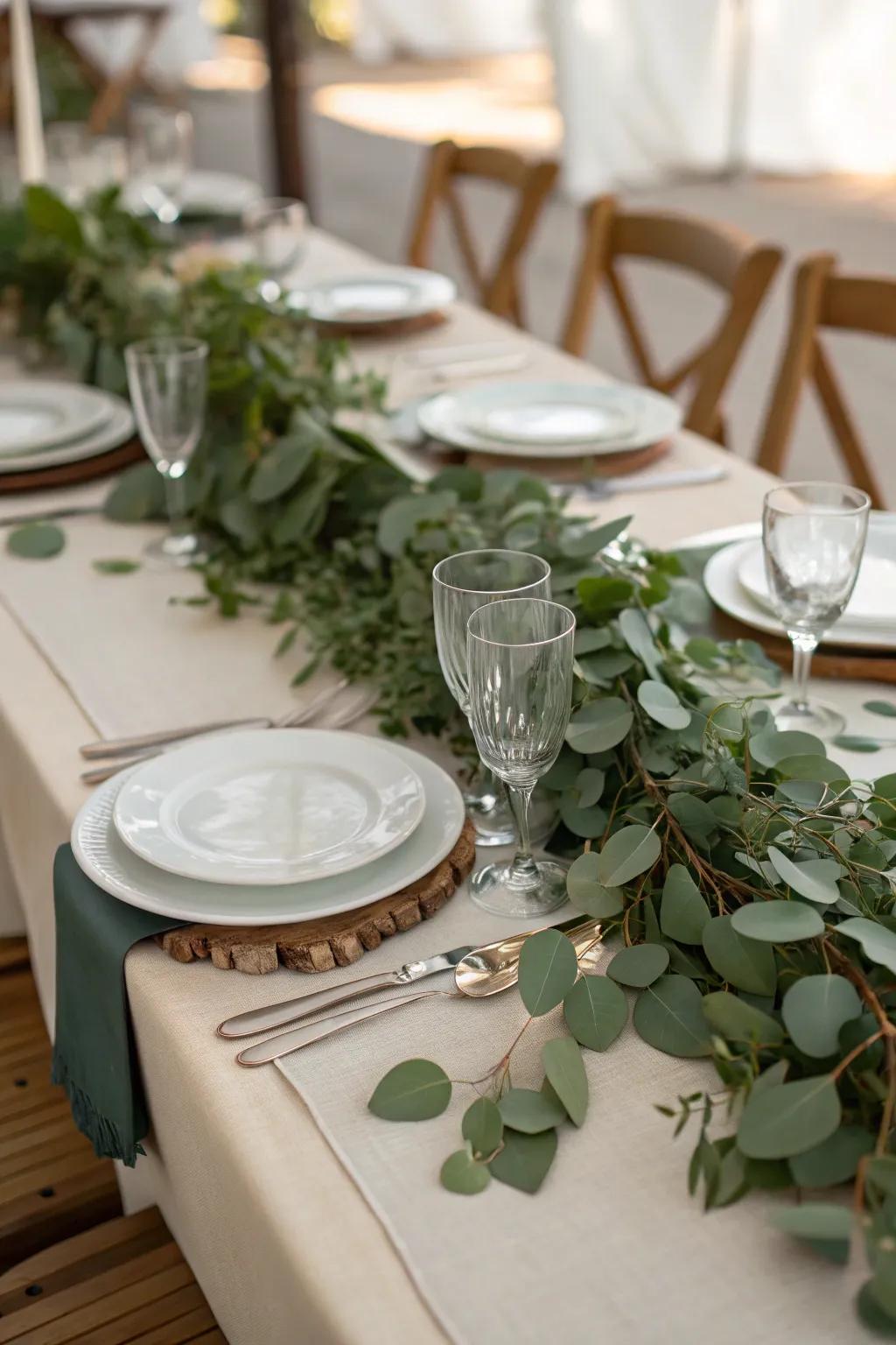 Greenery table runners add a natural and elegant touch to wedding tables.