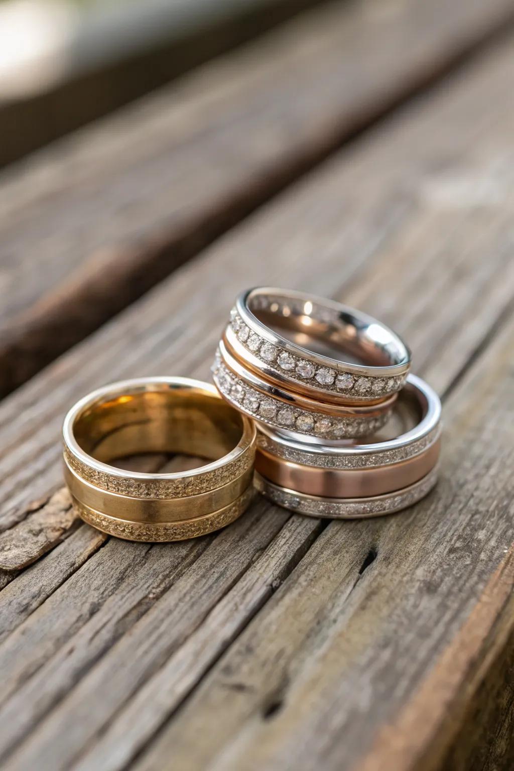 A creative array of stacked rings in assorted metals.