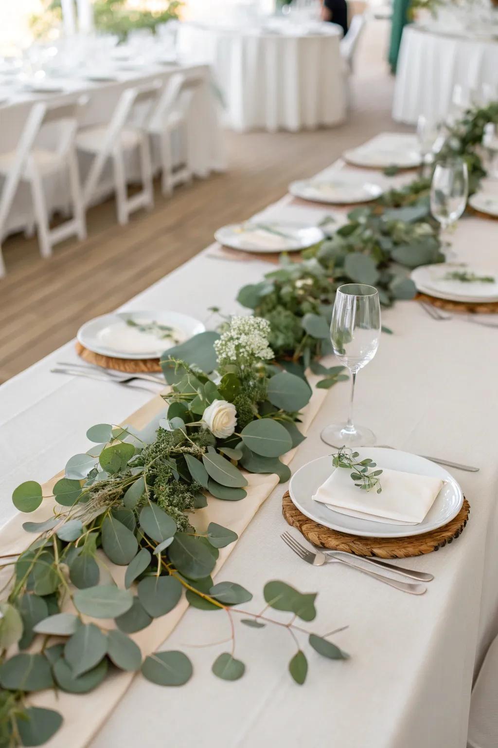 Eucalyptus decorations add a refreshing vibe to the table.