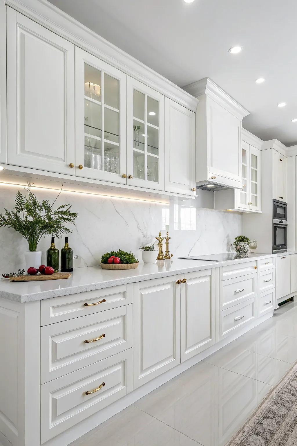 All-white cabinets create a fluid and sophisticated kitchen aesthetic.