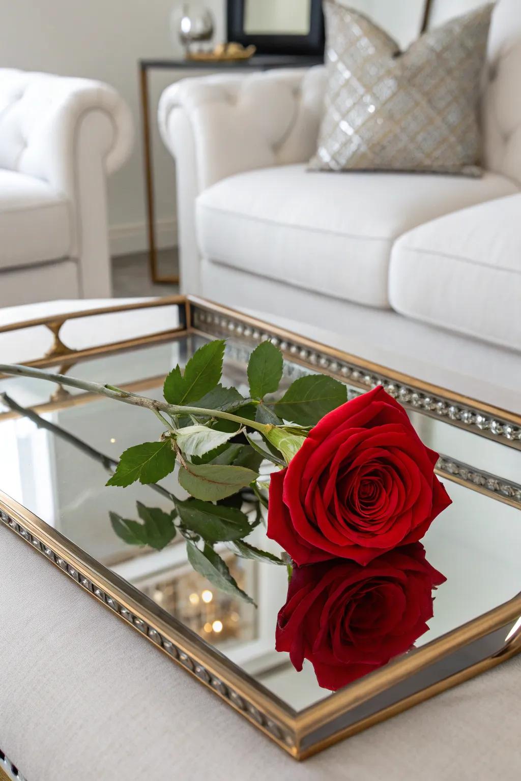 A reflective tray amplifies the visual impact of a solitary rose.