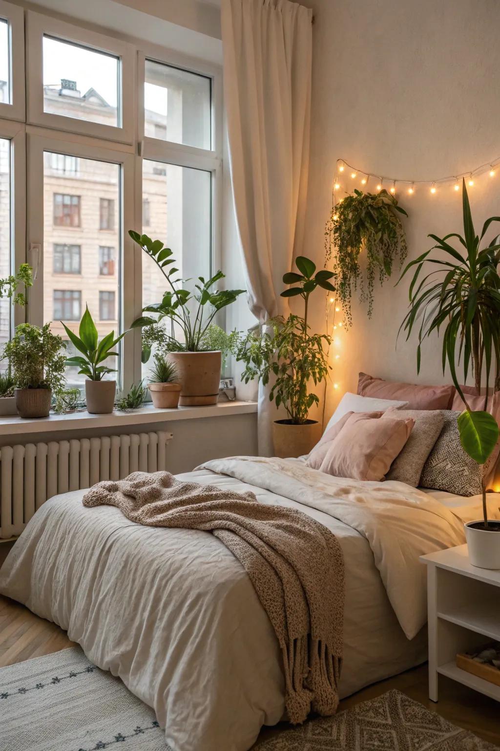 Incorporating greenery to create a vibrant and welcoming bedroom ambiance.