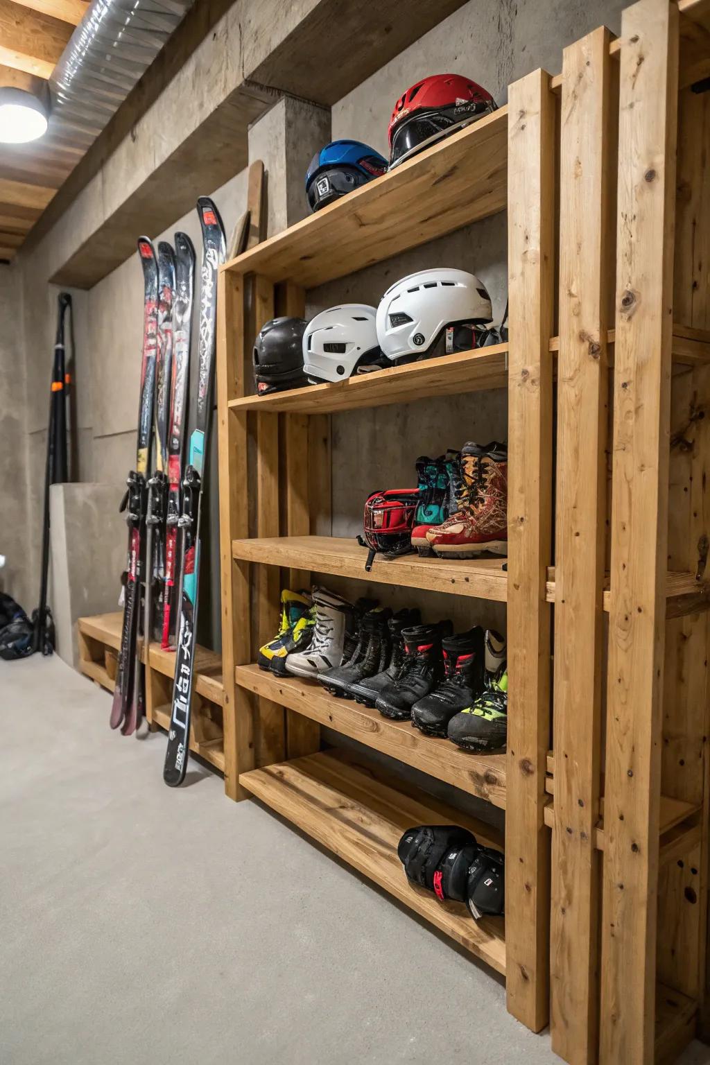 Shelving units offer a versatile way to store skis and equipment.