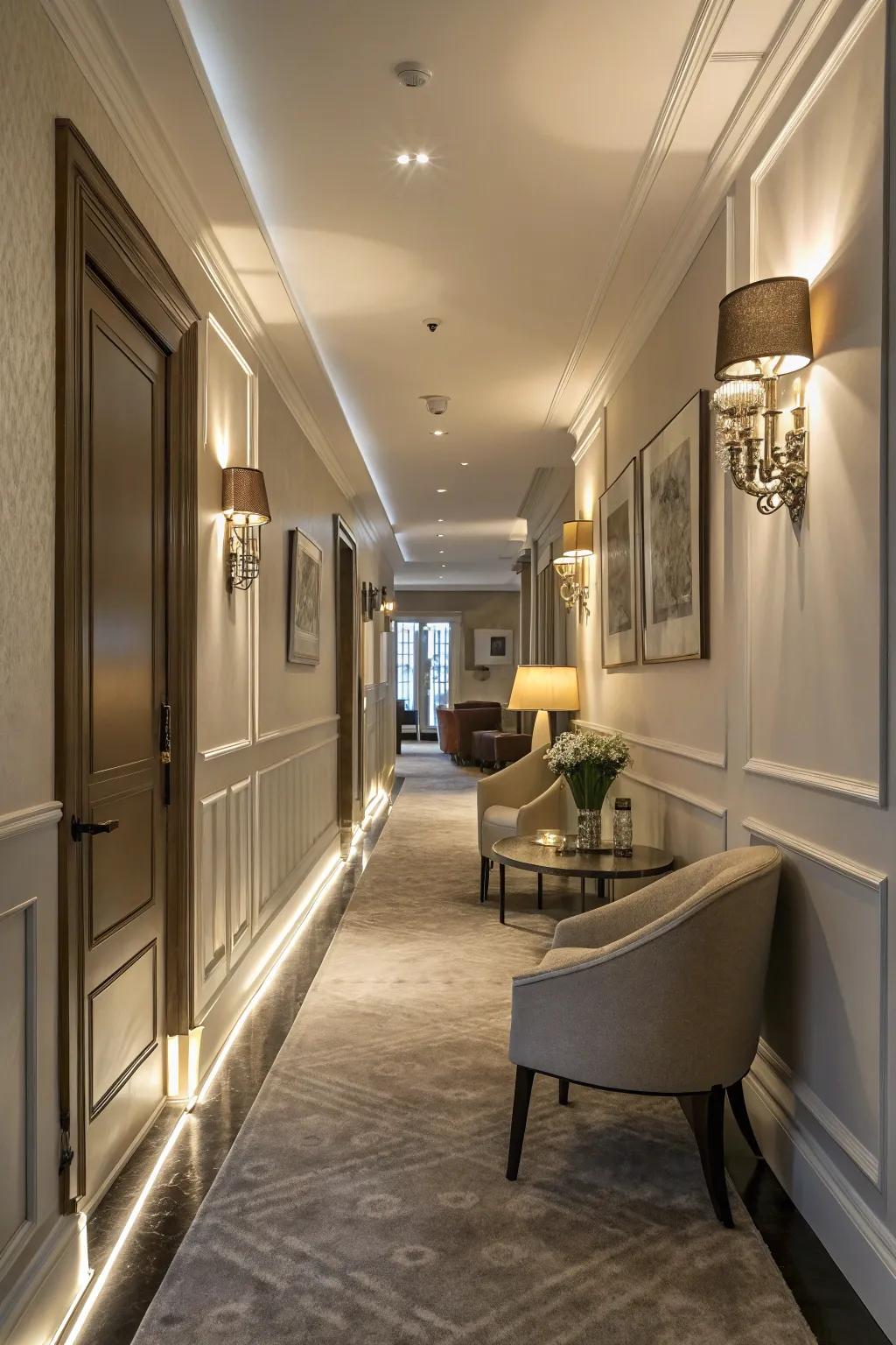 LED lighting emphasizes baseboards, introducing comfort and drama.