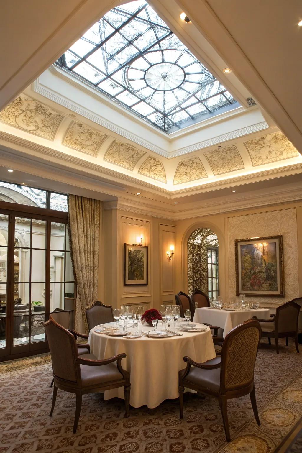 An elegant dining room with a skylight framed by decorative molding.