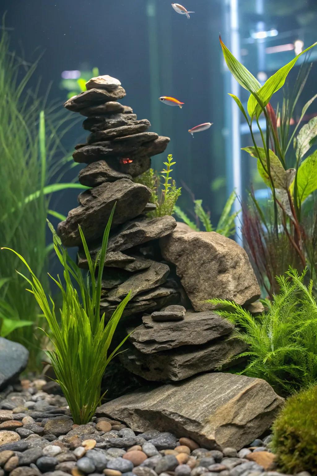 A vertical mineral stone garden augmenting profundity and visual impact.