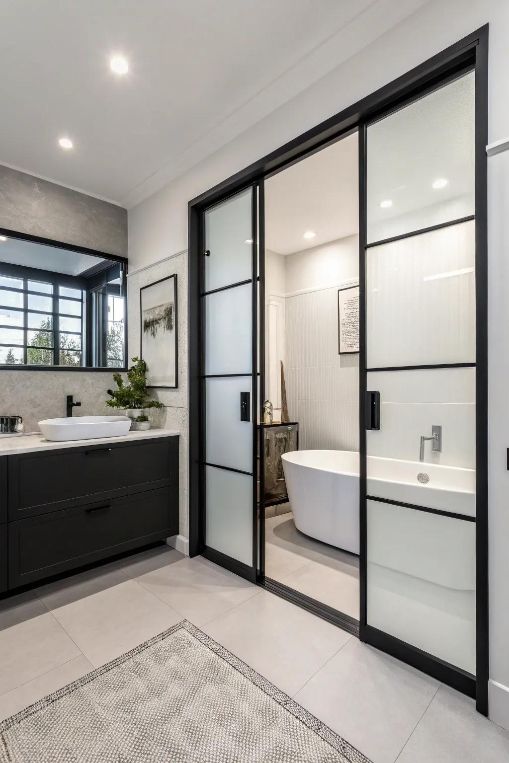 This dark and light sliding door brings simple elegance into a modern bathroom.