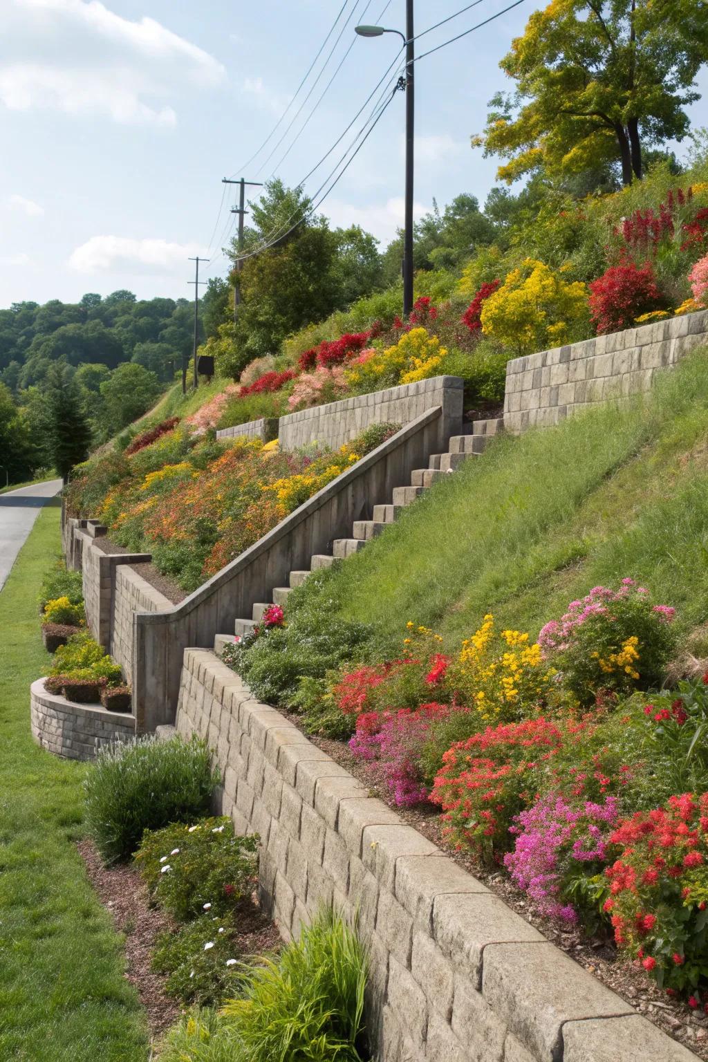 Retaining walls provide stability and charm to this hillside garden.