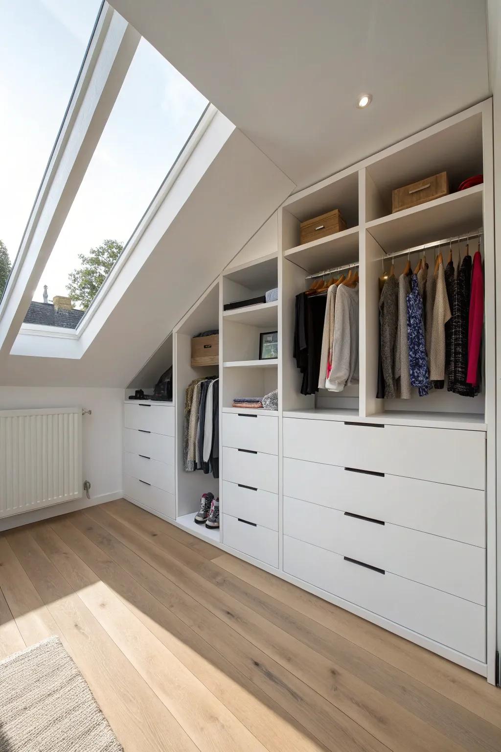 Fitted drawers offer concealed storage, maintaining a clean and organized look.